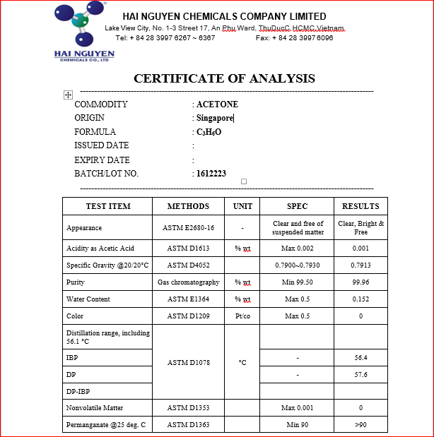 Thông số kỹ thuật Acetone